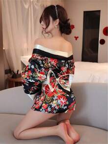 Women Cosplay Kimono Robe, Japanese Sexy Lingerie, Floral Print Boudoir Bathrobe, Off Shoulder Seductive Nightgown - [Màu đỏ] - Xem 11