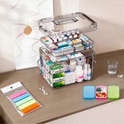 1 pieza Caja de almacenamiento de medicamentos resistente con asa, diseño a prueba de polvo y agua, tapa fácil de abrir, adecuada para uso doméstico y de viaje. El diseño de varias capas puede organizar suministros de emergencia y medicamentos. Capa transparente visible, caja organizadora de medicamentos, esencial de viaje, almacenamiento compacto, diseño transparente, plástico duradero, caja organizadora de pastillas, caja multicompartimento, adecuada para usuarios domésticos y viajeros.