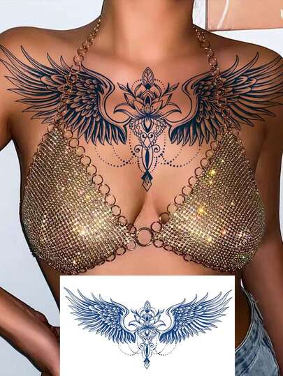 1pc Waterproof Wing Tattoo Sticker, Semi-Permanent Plant-Based Temporary Tattoo, Cool Wing, Flower, Mandala, Chain Patterns, Waterproof & Non-Reflective, Easy To Use, Suitable For Women's Back, Chest, Lasts 7-14 Days, Essential For Parties, Music Festivals