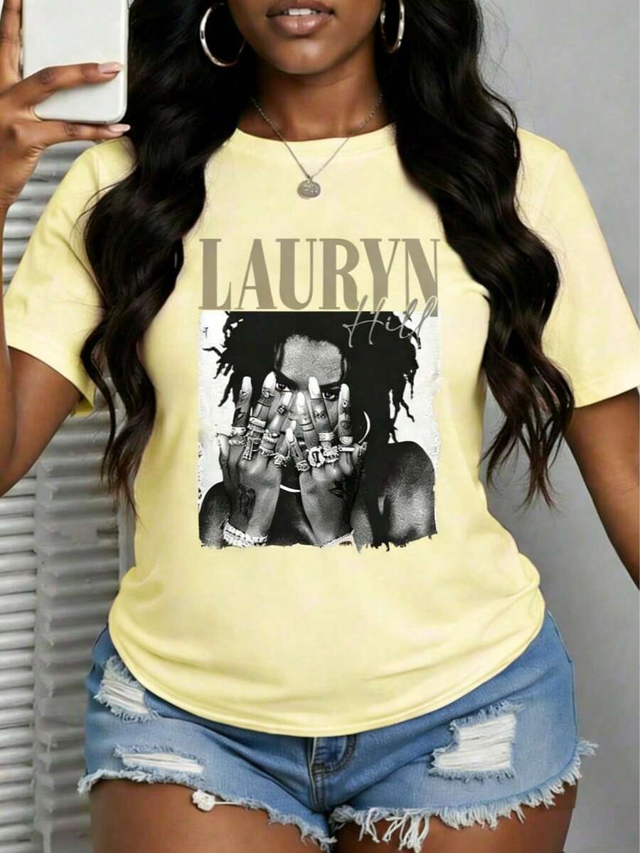 With Ring On Hand - 100% Cotton Women's T-Shirt/Lauren Hill/Letter Print/Vintage T-Shirt/Women's Casual Loose Round Neck Top/Spring And Summer-Niche G - 黃色 - 查看 1