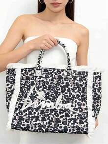 New European And American Large Capacity Casual Travel Leopard Print Handmade Tassel Stylish Retro Fashion Versatile Niche Design Embroidered Letter Casual Canvas Fashionable Commuter Tote Shoulder Bag - Black and White - View 5