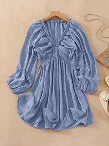 Spring/Summer New Elegant Fashion Sexy Deep V-Neck Puff Sleeve Slim Fit Casual Mini Dress, Vacation Boho & Tropical & Sun Dress - Dusty Blue - View 8
