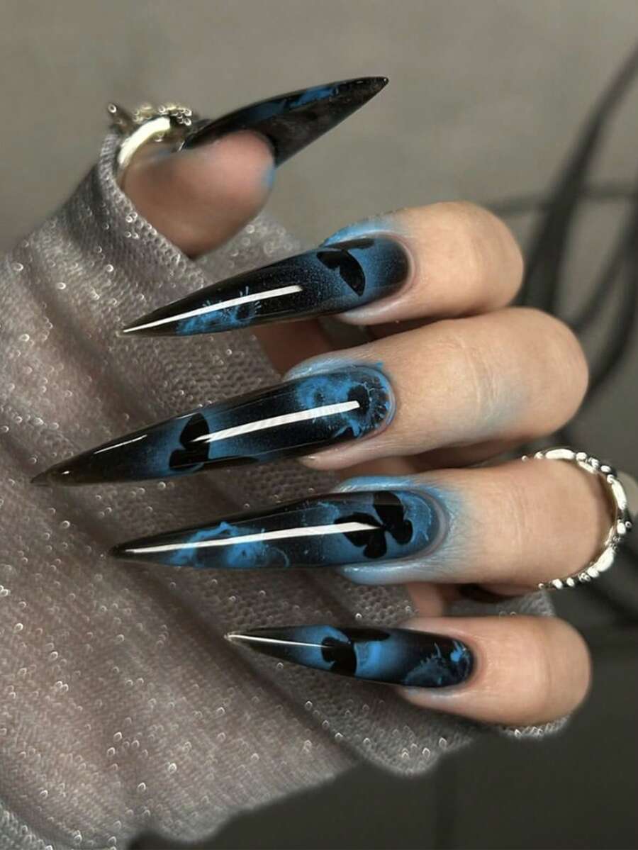 24pcs Blue Ombre Gothic Stiletto Fake Nails, Butterfly Design, Full Coverage Glossy Acrylic Material, Suitable For Women And Girls
