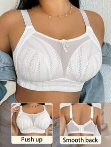 1pc Plus Size Women Minimalist Comfortable Wireless Bra, Mesh Patchwork, Knit Fabric - White - View 1