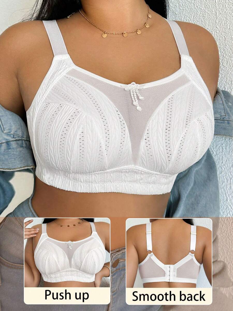 1pc Plus Size Women Minimalist Comfortable Wireless Bra, Mesh Patchwork, Knit Fabric - White - View 1