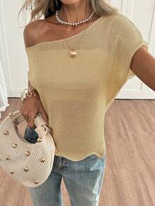 Suéter holgado de punto sólido con lentejuelas brillantes de estilo Y2K casual y lindo para mujer, con cuello asimétrico sexy para primavera/verano, uso diario, citas, calle - Dorado - Ver 3