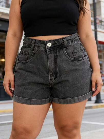 Kissmelady 8234 Plus Size short jeans feminina com Bolsos Reais Bermuda Feminina preto marmore cinza 8234 Plus Size