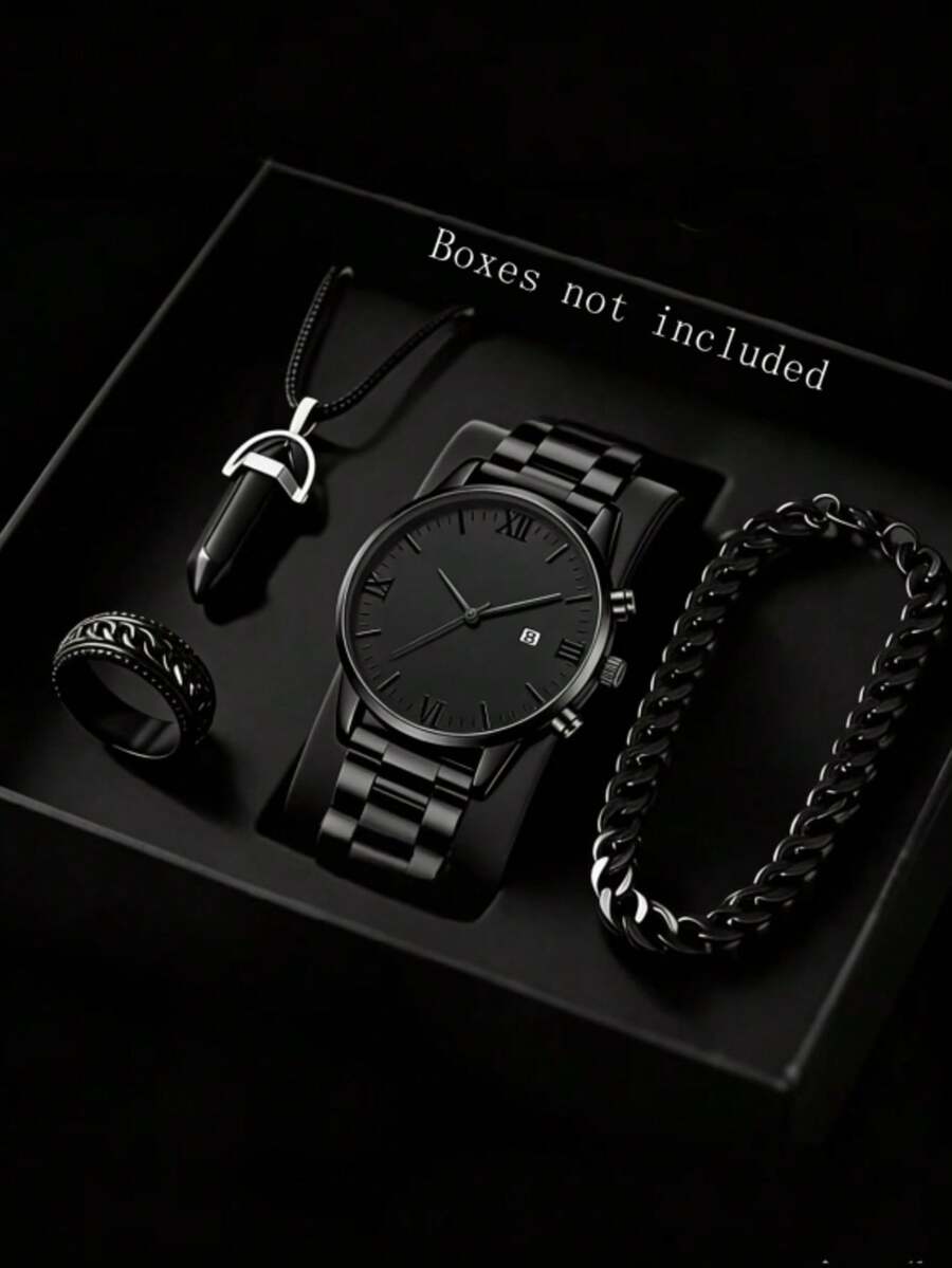 4pcs/Set Men's Stainless Steel Quartz Watch, Bracelet, Necklace, Ring Set, Business Retro Minimalist Dial With Calendar Function, Suitable For Daily Wear, Party Decoration Or Gift For Friends And Father - 4Pcs Kit - View 1