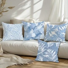 Bộ 4 vỏ gối trang trí họa tiết lá cây tối giản màu xanh dương, chất liệu nhung hồng đào in một mặt, kích thước 45*45/50*50/40*40CM, thích hợp cho ghế sofa vải hiện đại, trang trí nội thất, tiệc tùng, làm quà tặng. - Nhiều màu - Xem 9