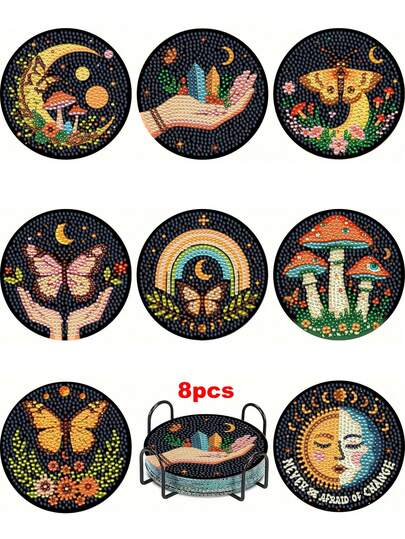 8pcs DIY Diamond Painting Coaster Set, Round & Bright Diamond Surface, Sturdy Adhesive With Full Tools, Easy For Beginners, Stress Relief Handcraft, New Year, Valentine's Day, Christmas, Teacher's Day Gift, Home Decor Tabletop Coasters, Gift For Family, Friends, Girlfriend, Teacher