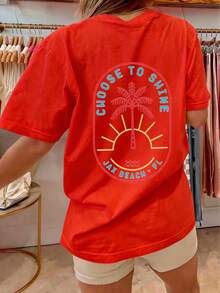 Womens Y2k Coconut Tree Oversized Shirts Tops Coconut Tree/Letter Print Short Sleeve Round Neck Loose Fit Tee Shirt Summer Vintage Aesthetic Baggy Tee - 紅色 - 查看 2