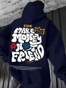 Unisex Kangaroo Hoodie For Women And Men, Flannel Hooded Jacket, Cotton Sweatshirt, KING MAKE MONEY - 寶藍色 - 查看 1