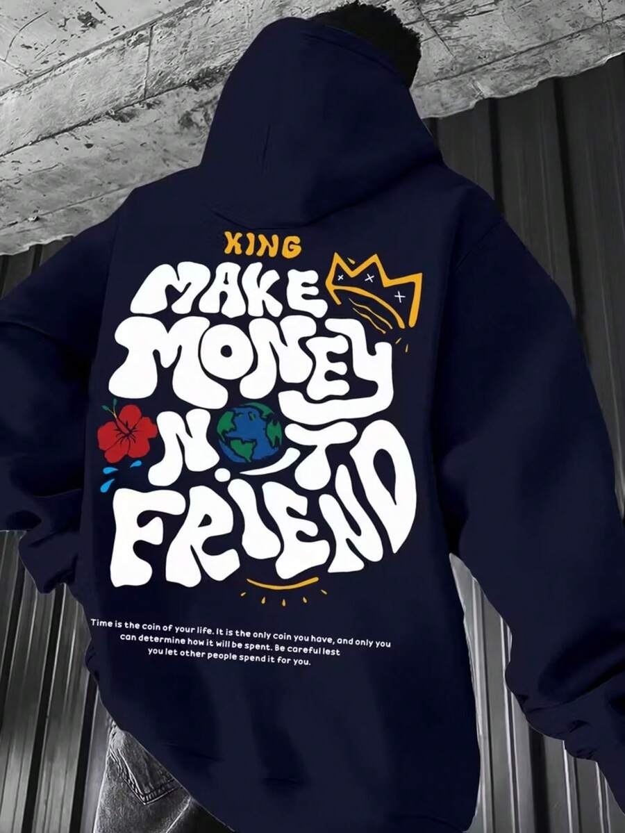 Unisex Kangaroo Hoodie For Women And Men, Flannel Hooded Jacket, Cotton Sweatshirt, KING MAKE MONEY - 寶藍色 - 查看 1