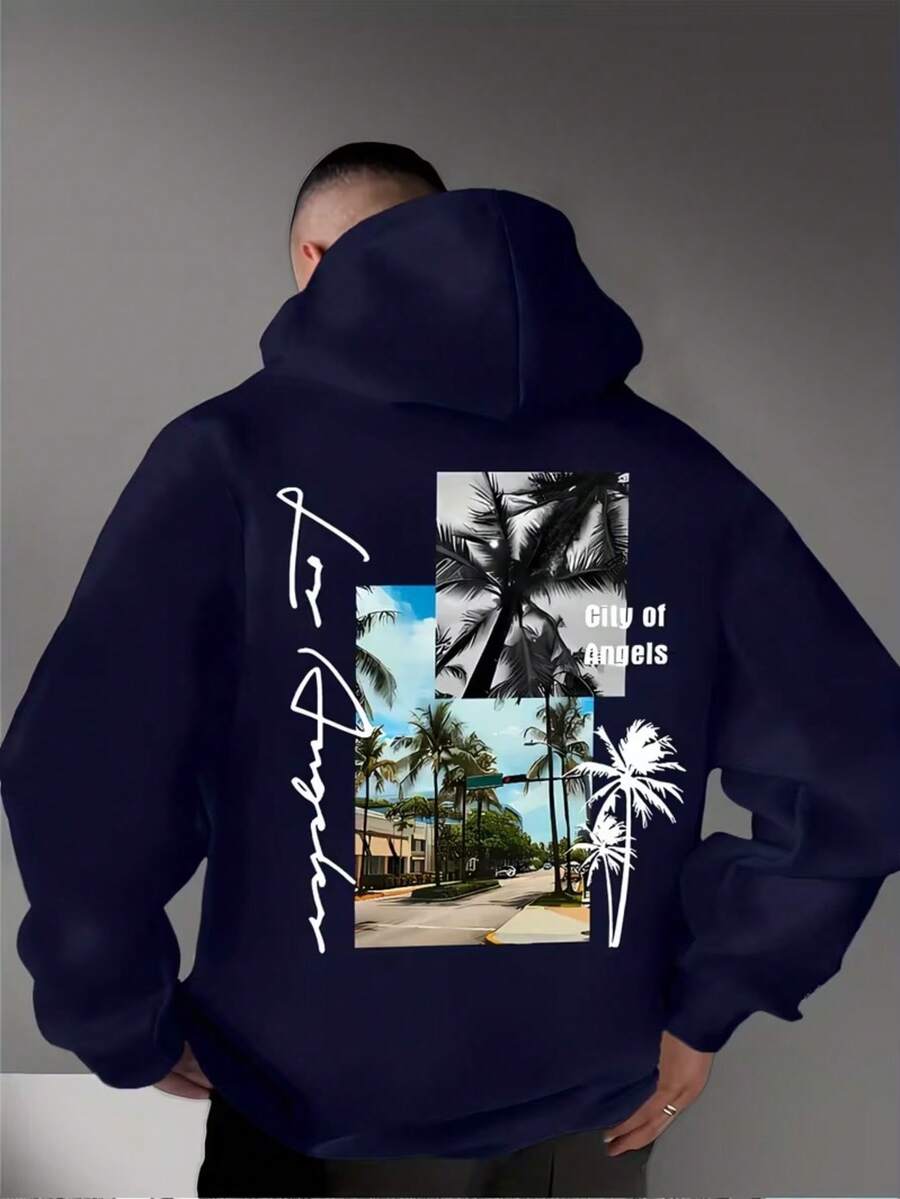 Moletom Canguru Unissex Feminino e Masculino Casaco Com Capuz Flanelado Blusa de Frio CITY OF ANGELS - Azul Royal - Visão 1