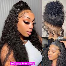 42 Inch 250% Density Brazilian Virgin Human Hair Deep Curly Lace Front Wigs Glueless, Wear To Go Transparent HD 13x4 Lace Frontal Wigs Deep Wave Real Human Hair Wigs Remy Pre-Plucked Bleached Knots With Baby Hair Natural Color - Natural Black - 查看 3