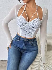 Party Highlight | Shiny Contrast Mesh Long Sleeve Cropped Top With Underwire And Boning Design, Provides Shaping Effect - White - View 6