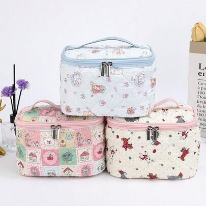 Sweet Makeup Bag, Cute New Style Checkered Cat Portable Partitioned Storage, Large Capacity For Travel And Hand-Carry Toiletries