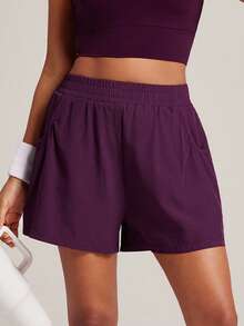 VUTRU 1pc Elastic Waist Shorts With Pockets, Lightweight For Yoga Studio & Fitness Sports - Bold Plum - View 5