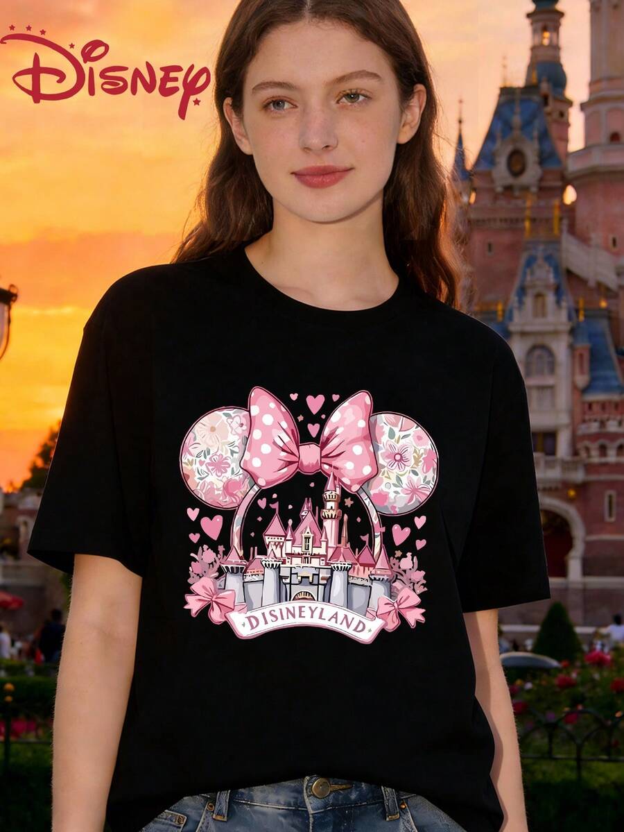 Minipol Dot Bow Castle DISNEYLAND Printed White Loose Short Sleeve T-Shirt Women's Casual Top - 黑色 - 查看 1