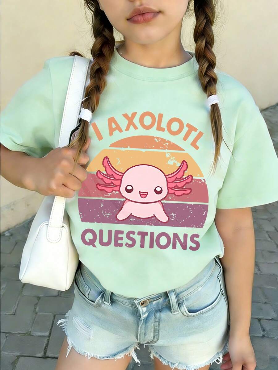 Tween Girls' Casual Funny Print Crew Neck Short Sleeve T-Shirt, Summer Top - Mint Green - View 1