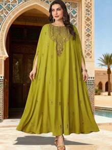 Plus Size Women's Solid Color Round Neck Embroidered Beaded Elegant Arabic Abaya Spring - Fruit Green - View 3