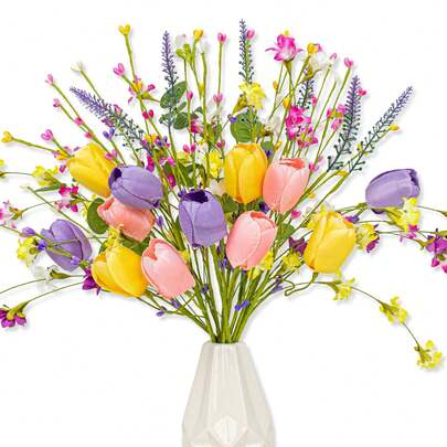 6pcs Artificial Spring Flowers Floral Picks With Pink Yellow Purple Tulips Wildflowers For Centerpieces Vases Floral Arrangements Summer Easter Decor