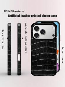 1pc Crocodile Texture Shock-Proof Leather Phone Case With Sound Amplifier Design, Suitable For IPhone 17/16/15/14/13/12/11, Holiday Gift - Black - View 1
