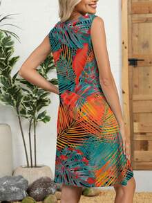 Women's Bohemian Style Sleeveless Round Neck Tropical Leaf Print A-Line Mini Dress, Beach Vacation Summer Camisole Dress - Orange - View 2