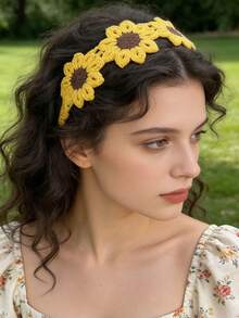 1pc Bohemian Style Yellow Knitted Sunflower Headband - Yellow - View 1