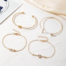 4件套奢华金属水钻心形链手链及手镯套装，时尚简约优雅个性化高端设计珠宝配饰 - 金黃色 - 查看 6