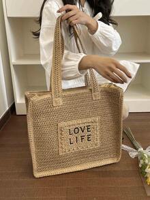 Straw Fashion Tote Bag, Women's Shoulder Bag, Large Capacity, Beach Bag, Letter Woven Oversized Bag - Khaki - View 9