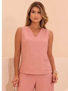 Linen Set With Wide-Leg Pants And V-Neck - Coral Pink - View 4