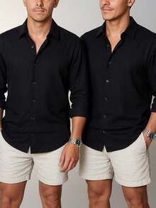 Set Of 2 Men's Long-Sleeved Linen Dress Shirts, Old Money Style, Viscose Linen, Cool, Casual, Italian Collar, Elegant - 2 黑色 - 查看 1