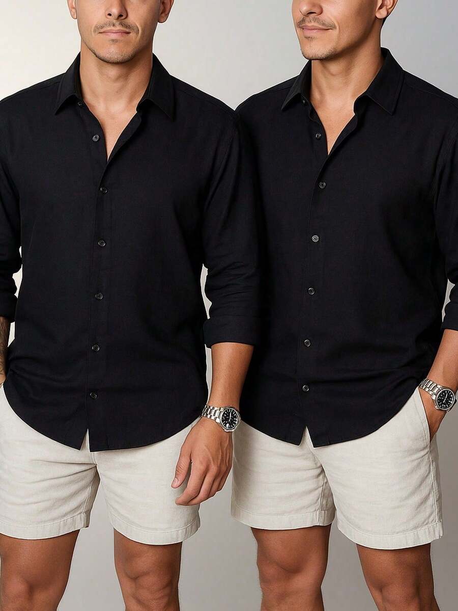 Set Of 2 Men's Long-Sleeved Linen Dress Shirts, Old Money Style, Viscose Linen, Cool, Casual, Italian Collar, Elegant - 2 黑色 - 查看 1