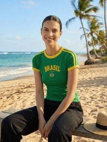 BabyLook Women's Embroidered Brazil Shirt Without State - màu xanh lá - Xem 5