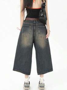 Vintage silueta suelta lavado y viejo siete pantalones cortos de mezclilla mujeres diseño de verano de pierna ancha mediados de pantalones pantalon de mezclilla dama - Azul oscuro - Ver 2