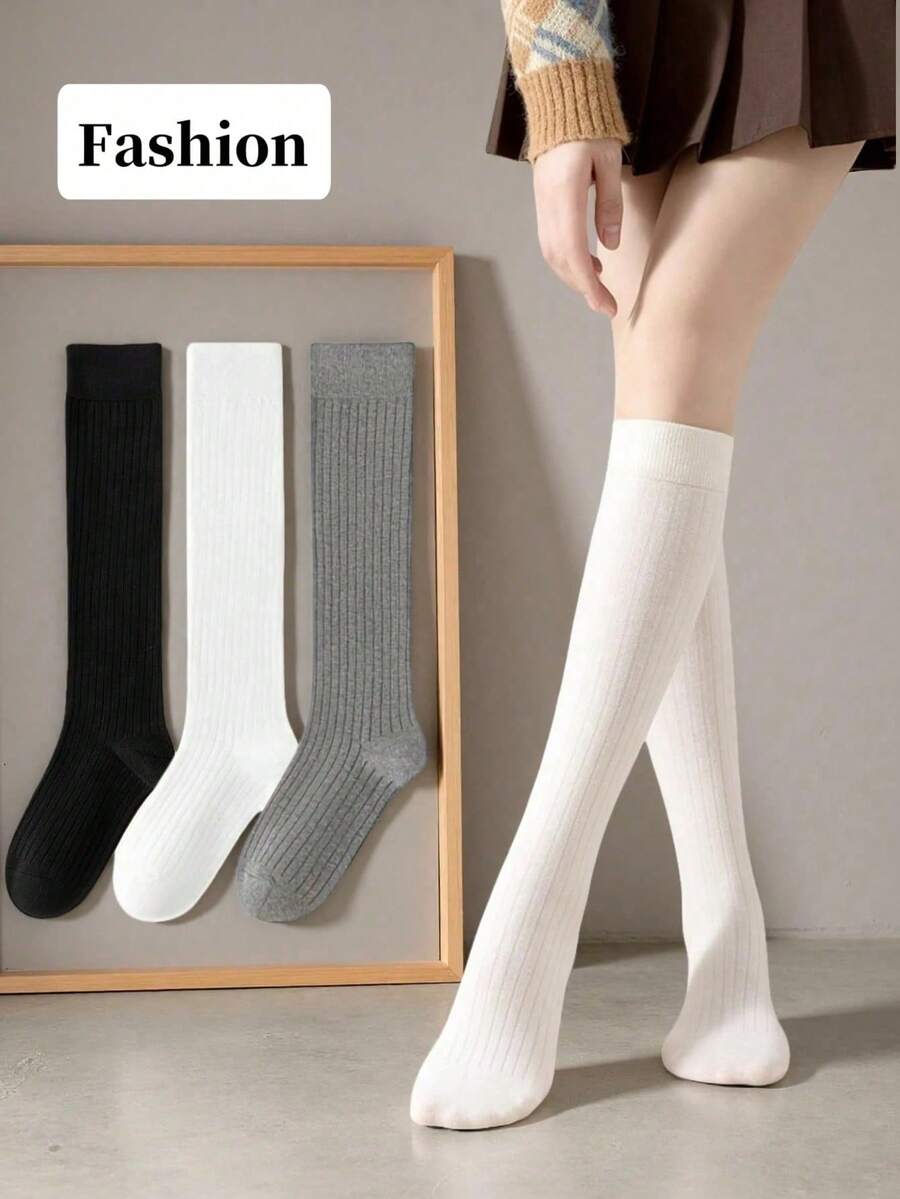 1 Pair Women Knee High Socks, Breathable Non-Slip, Slimming, Mid-Calf Socks, Solid Color, JK Style, Y2K/School/Korean Fashion, Black/White, Spring/Summer/Autumn, Cozy - Đen 1 cái - Xem 1