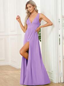 V-Neck Slit Hem Bridesmaid Dress For Women - Lilac Purple - View 4