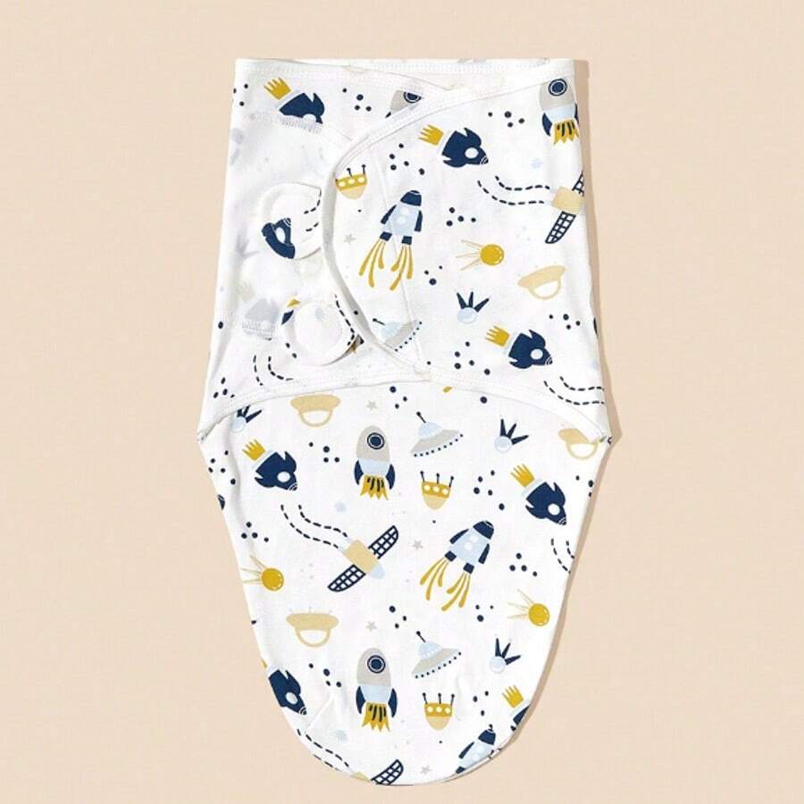 1pc Infant Soft & Cozy Cotton Rocket & Spaceship Pattern Anti-Startle Swaddle Blanket, Adjustable Hook And Loop Wrap Suitable For Newborn Daily Use - Multicolor - View 1