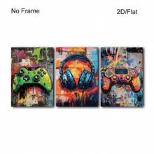 一套三幅游戏涂鸦艺术画，游戏主题海报，适合男孩卧室装饰，游戏室艺术品，游戏主题印刷品，男孩房游戏主题墙画，游戏主题墙画，无框 - 多色 - 查看 9