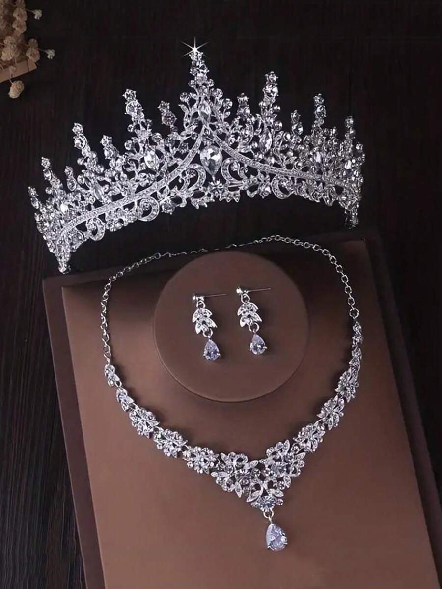新娘婚禮飾品 水晶皇冠項鍊耳環套組 新娘珠寶 婚紗配件 也適用於婚禮派對與活動 - 銀色 - 查看 1