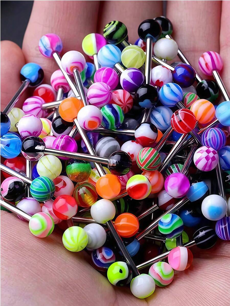 50 Pcs / 100 Pcs - Fashion Mixed-Color Acrylic Tongue Piercing For Women 304L Stainless Steel Industrial Iron Lip Piercing Sexy Body Jewelry,Earring Set,Summer Earrings,Jewelry Women - Multicolor - View 1