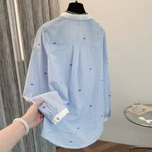 Women's Contrast Color Patchwork Collar Striped Casual Shirt Spring - Baby Blue - View 7