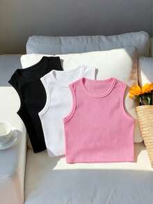 3pcs/Set Tween Girls Casual Ribbed Tank Top, Breathable & Comfortable, Spring/Summer - Multicolor - View 2