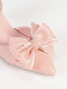 女士高跟镂空鞋，低跟尖头仿珍珠绑带，时尚法式蝴蝶结网眼镂空婚鞋 - 粉色 - 查看 7