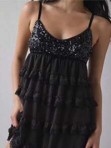 Women's Sequin Lace Edge Ruffled Mini Dress Multi-Layered Spaghetti Strap Sleeveless Cute Bow Decor Short Dress For Club Party - Black - View 3