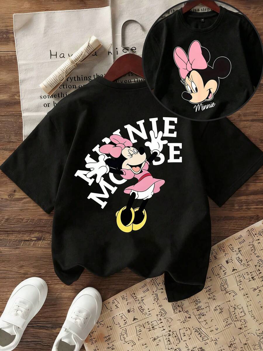 Disney Shining Boy (Double-Sided Print): Minnie Mouse Cartoon Print, A Casual And Simple Short Sleeved T-Shirt Suitable For Spring And Summer Seasons, Suitable For Boys And Girls To Wear. Festival Gift - màu đen - Xem 1
