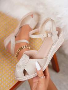 New Fashion Women Casual Vacation Woven Wedge Sandals - Apricot - View 14