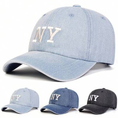 1顶女士纽约字母刺绣水洗牛仔棒球帽，街头时尚帽，户外防晒休闲帽，适合春秋季旅行、海滩度假