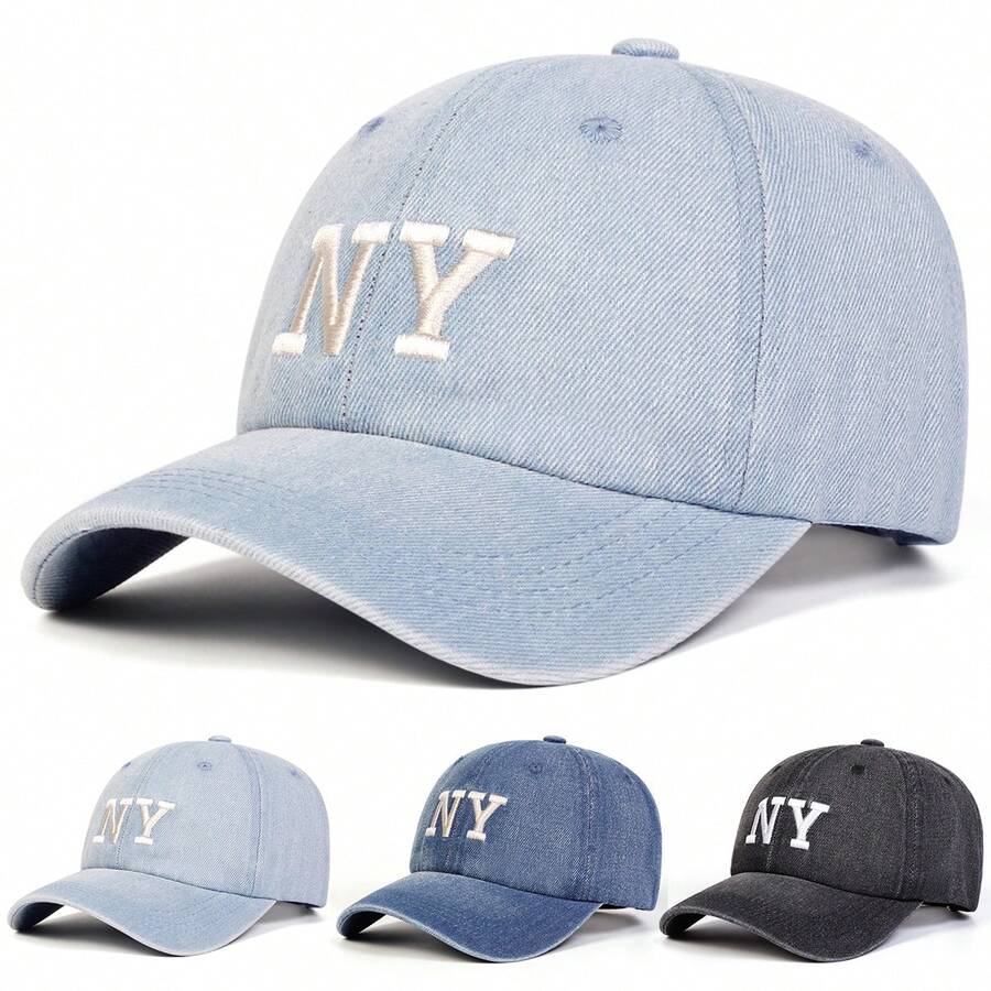 1pc Women's NY Letter Embroidered Washed Denim Baseball Cap, Street Fashion Hat, Outdoor Sun Protection Casual Cap For Spring/Autumn Travel, Beach Holiday - Multicolor - View 1